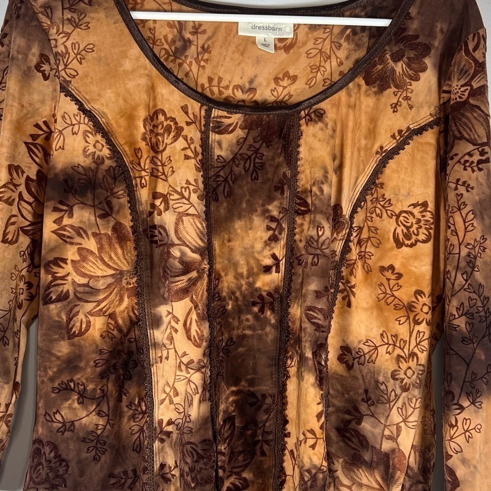 Dressbarn Y2K Tie Dye Brown Velvet Floral Blouse Large - Picture 2 of 7
